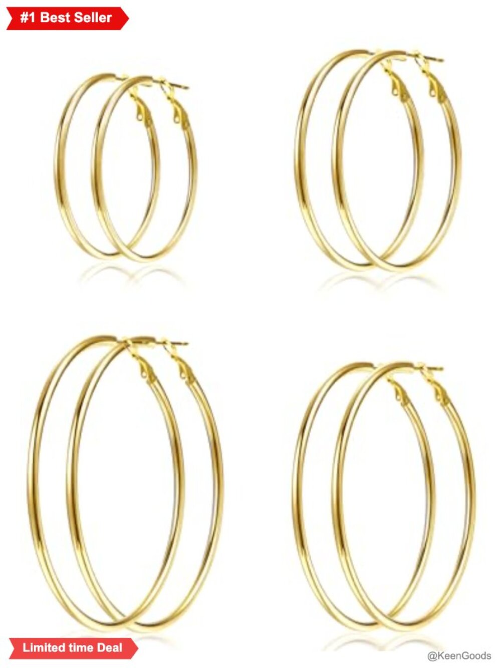 4 Pairs Gold Plated Hypoallergenic Stainless Steel Hoop Earrings Women